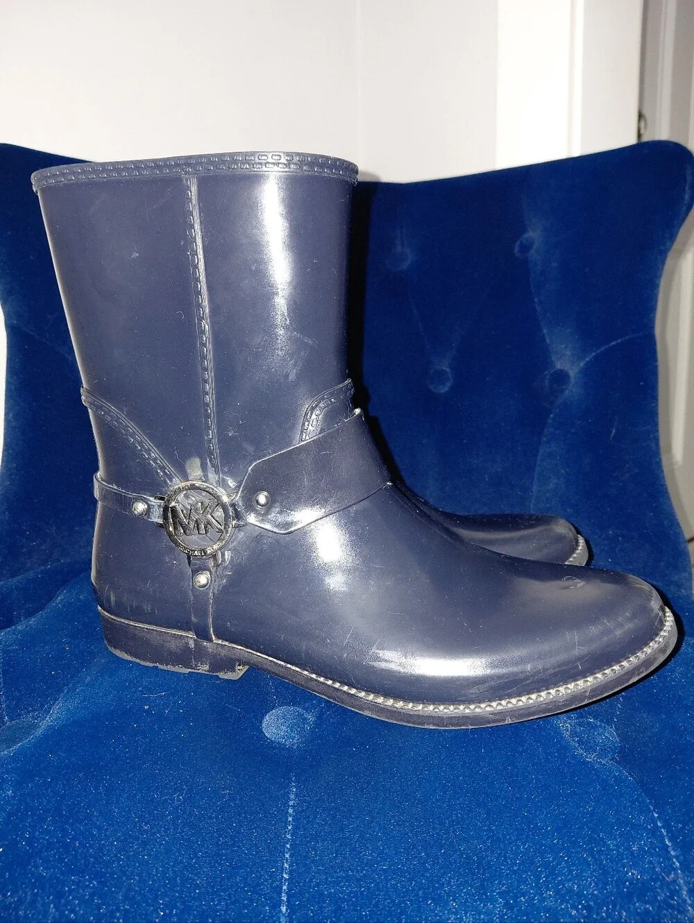 Michael Kors Fulton Harness Rain Booties Navy Blue Rubber MK Logo Riding 11